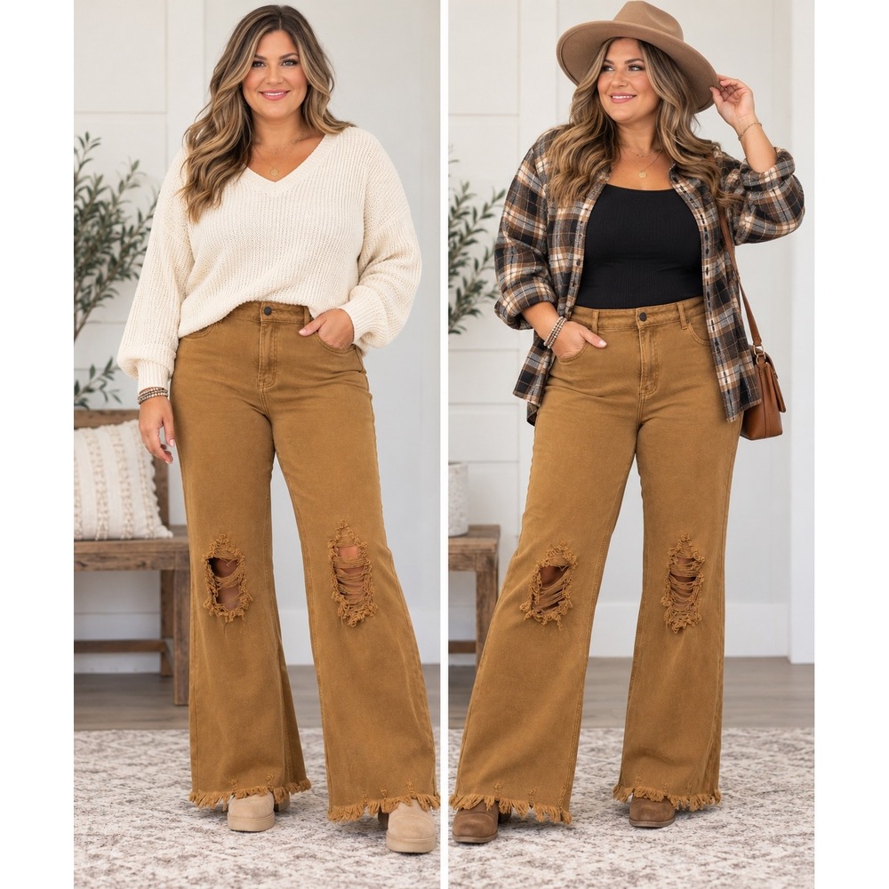 RISEN Jeans 1XL Camel High Rise Distressed Straight Leg Jeans NWT